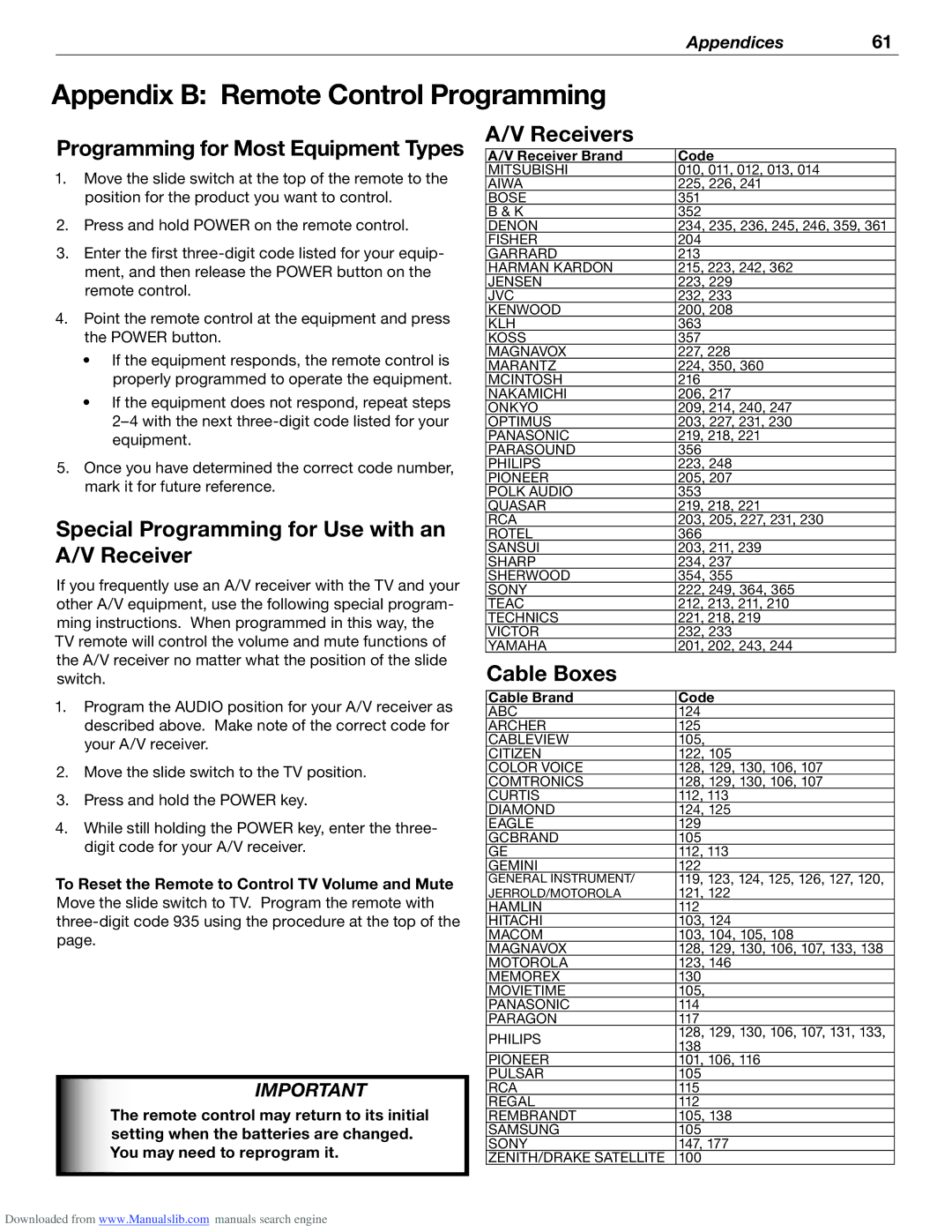 Mitsubishi Electronics WD-62526 Appendix B Remote Control Programming, Special Programming for Use with an A/V Receiver 