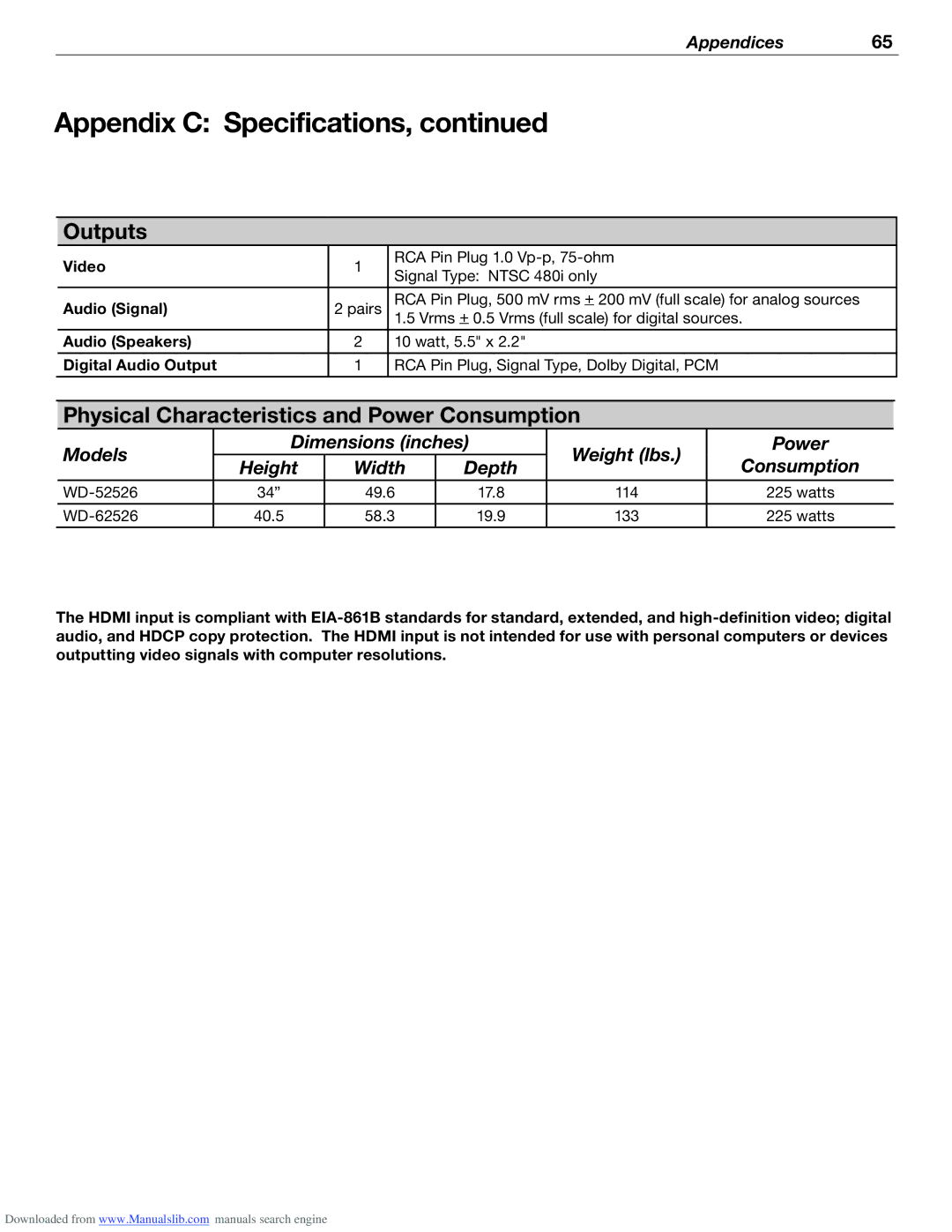 Mitsubishi Electronics WD-62526 manual Outputs, Physical Characteristics and Power Consumption 