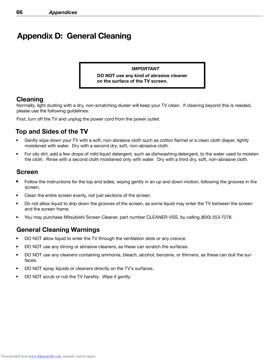 Mitsubishi Electronics WD-62526 Appendix D General Cleaning, Top and Sides of the TV, Screen, General Cleaning Warnings 