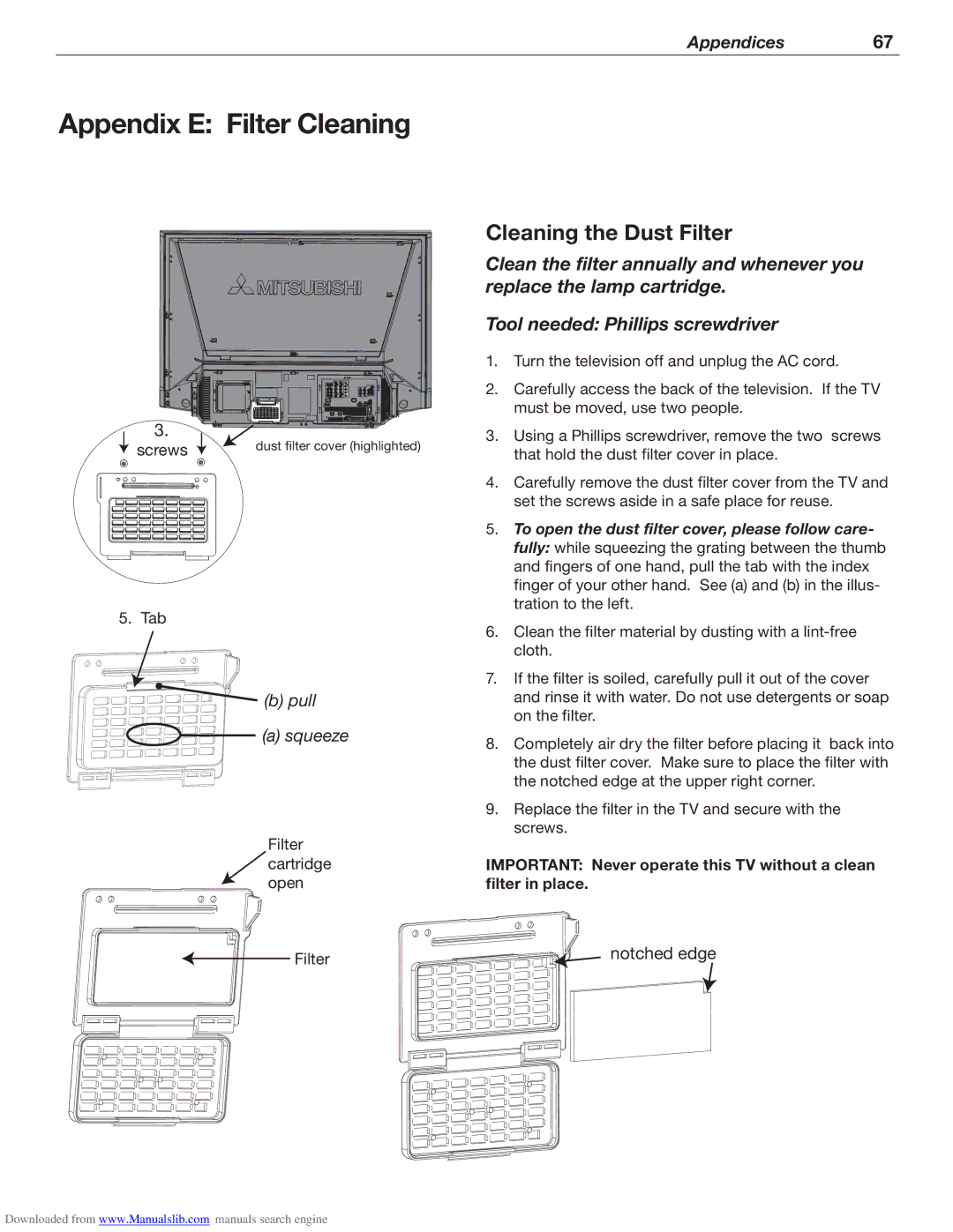 Mitsubishi Electronics WD-62526 manual Appendix E Filter Cleaning, Cleaning the Dust Filter 