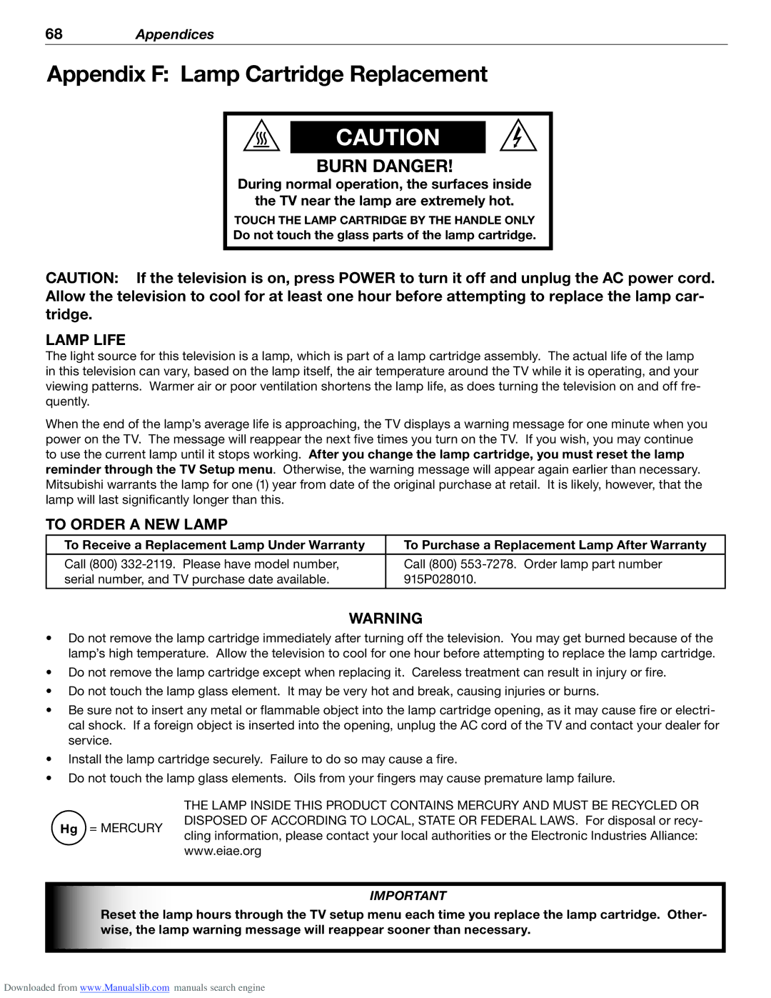 Mitsubishi Electronics WD-62526 Appendix F Lamp Cartridge Replacement, Do not touch the glass parts of the lamp cartridge 