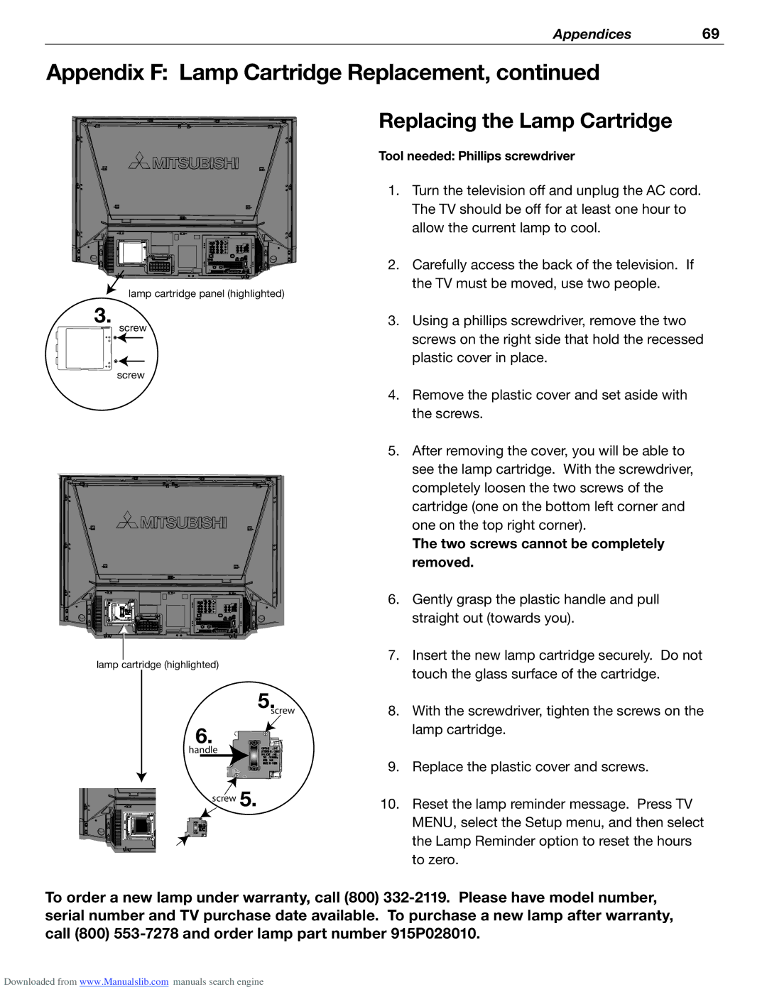 Mitsubishi Electronics WD-62526 manual 3FQMBDJOHUIF-BNQ$BSUSJEHF 