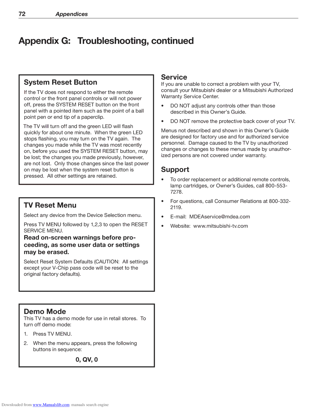 Mitsubishi Electronics WD-62526 manual System Reset Button, TV Reset Menu, Service, Support, Demo Mode 