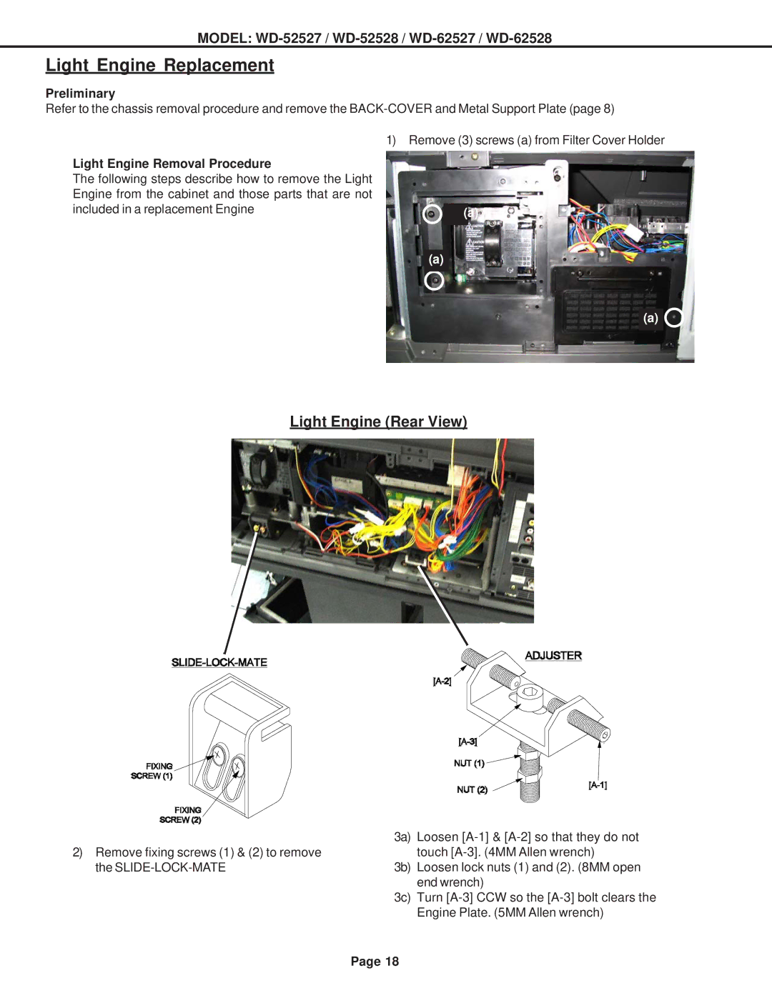 Mitsubishi Electronics WD-62527, WD-62528, WD-52528 Light Engine Rear View, Preliminary, Light Engine Removal Procedure 