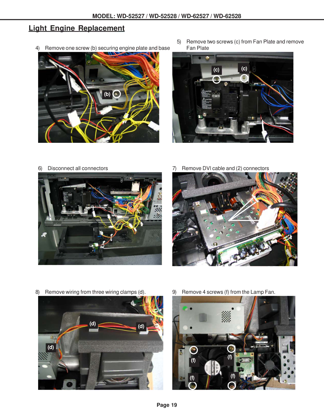 Mitsubishi Electronics WD-62528, WD-62527, WD-52528 specifications Remove two screws c from Fan Plate and remove 