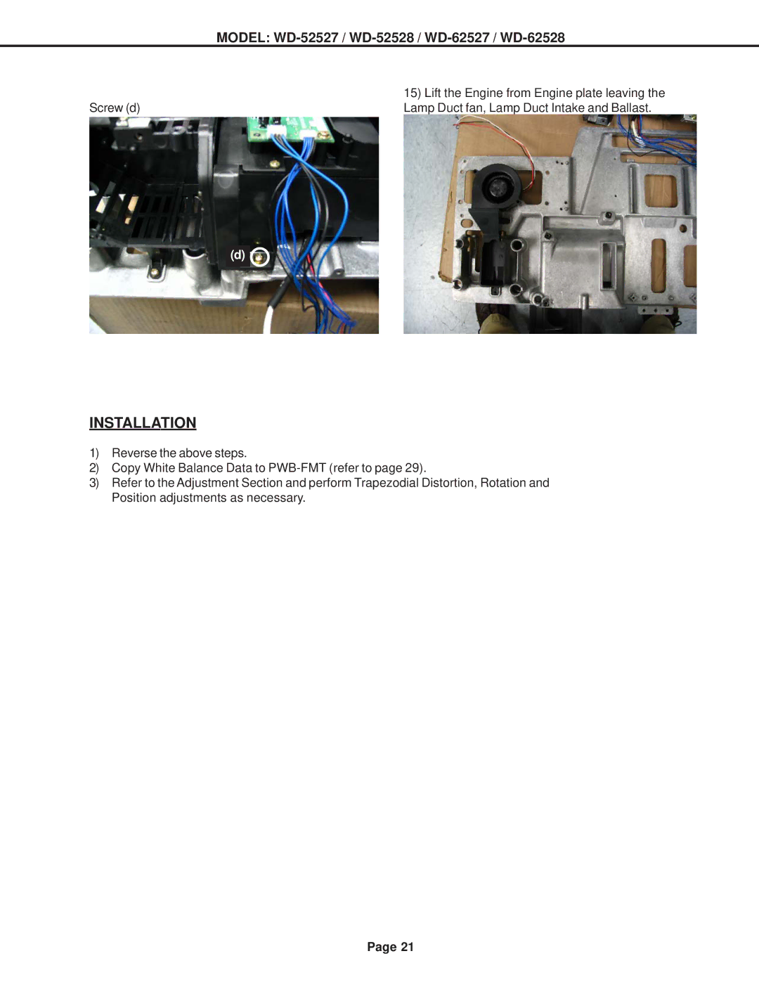 Mitsubishi Electronics WD-62527, WD-62528, WD-52528 specifications Installation 