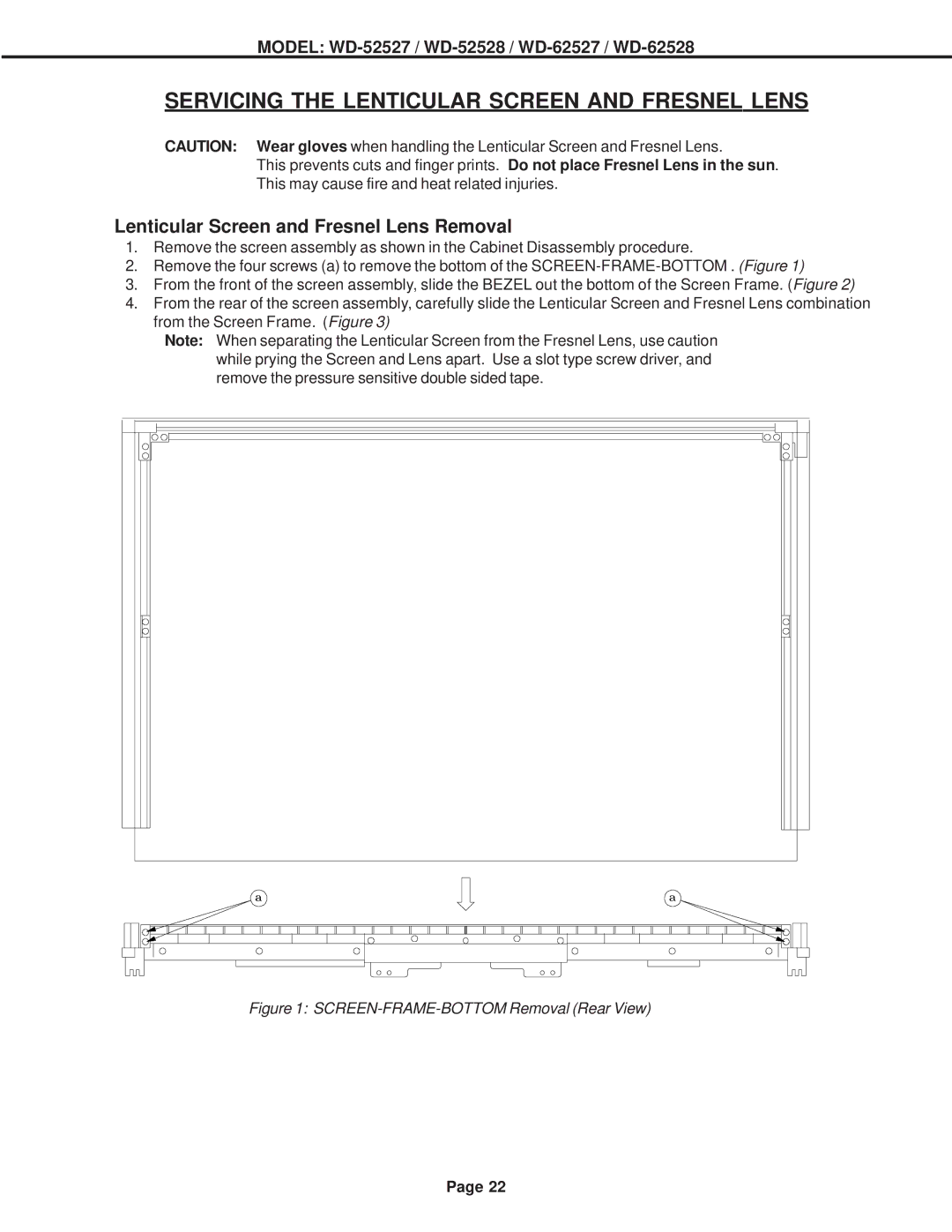 Mitsubishi Electronics WD-62528, WD-62527, WD-52528 specifications Servicing the Lenticular Screen and Fresnel Lens 