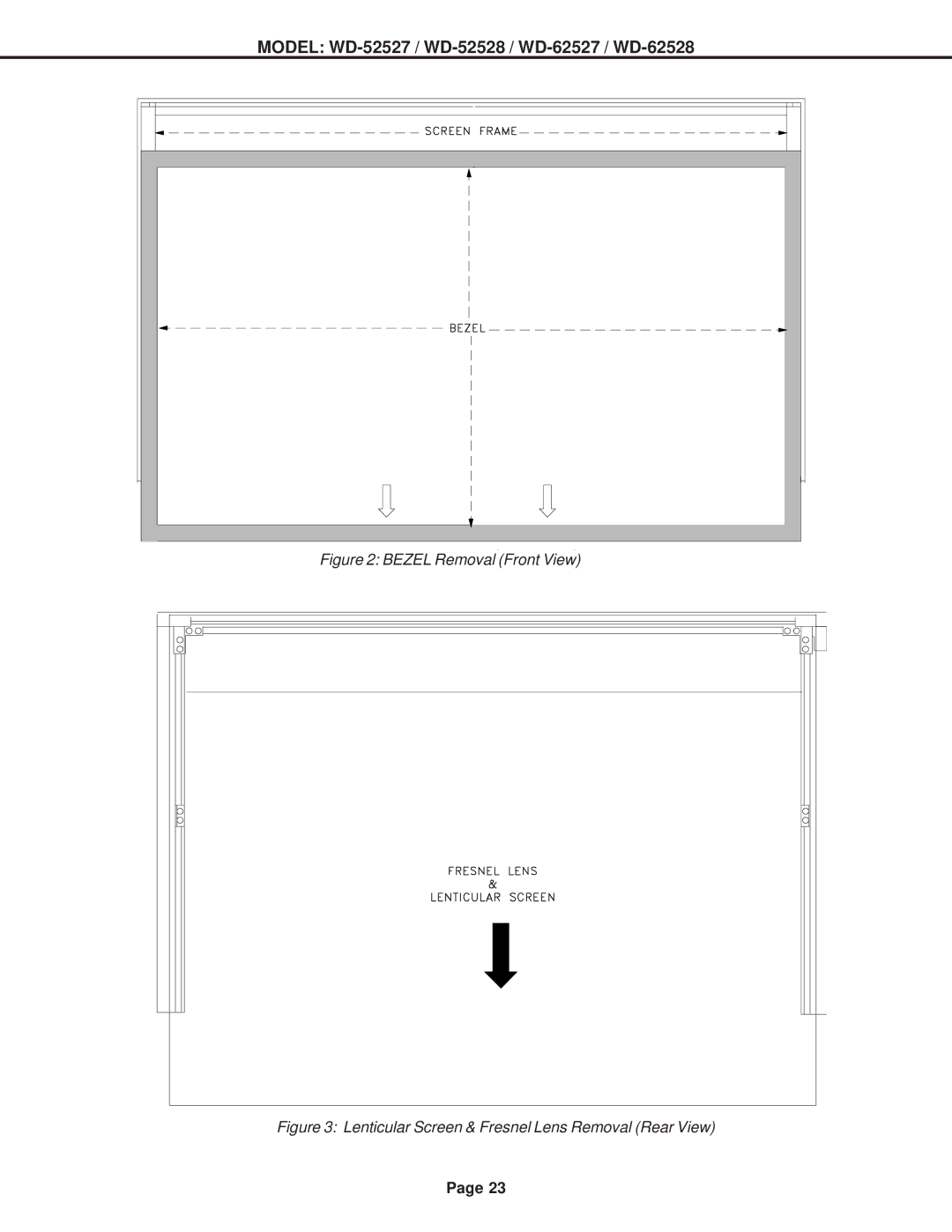 Mitsubishi Electronics WD-52528, WD-62527, WD-62528 specifications Bezel Removal Front View 