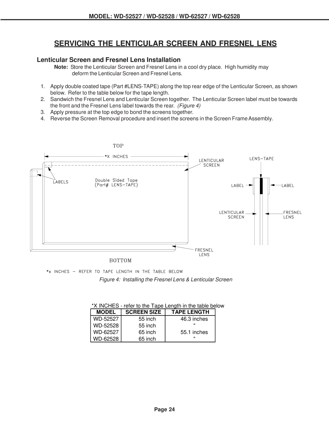 Mitsubishi Electronics WD-62527, WD-62528, WD-52528 specifications Lenticular Screen and Fresnel Lens Installation 