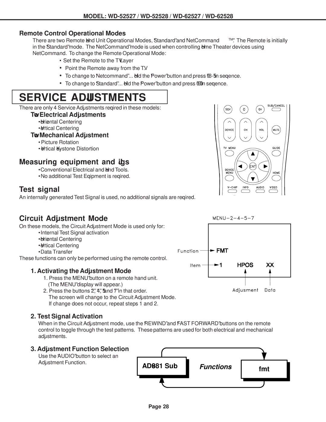 Mitsubishi Electronics WD-62528 Remote Control Operational Modes, Two Electrical Adjustments, Two Mechanical Adjustment 