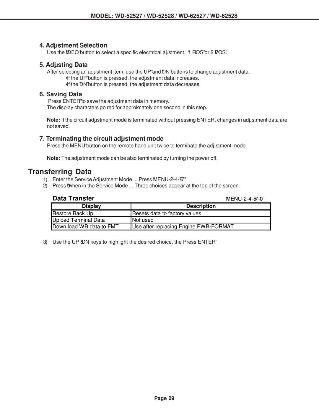 Mitsubishi Electronics WD-52528 Adjustment Selection, Adjusting Data, Saving Data, Terminating the circuit adjustment mode 