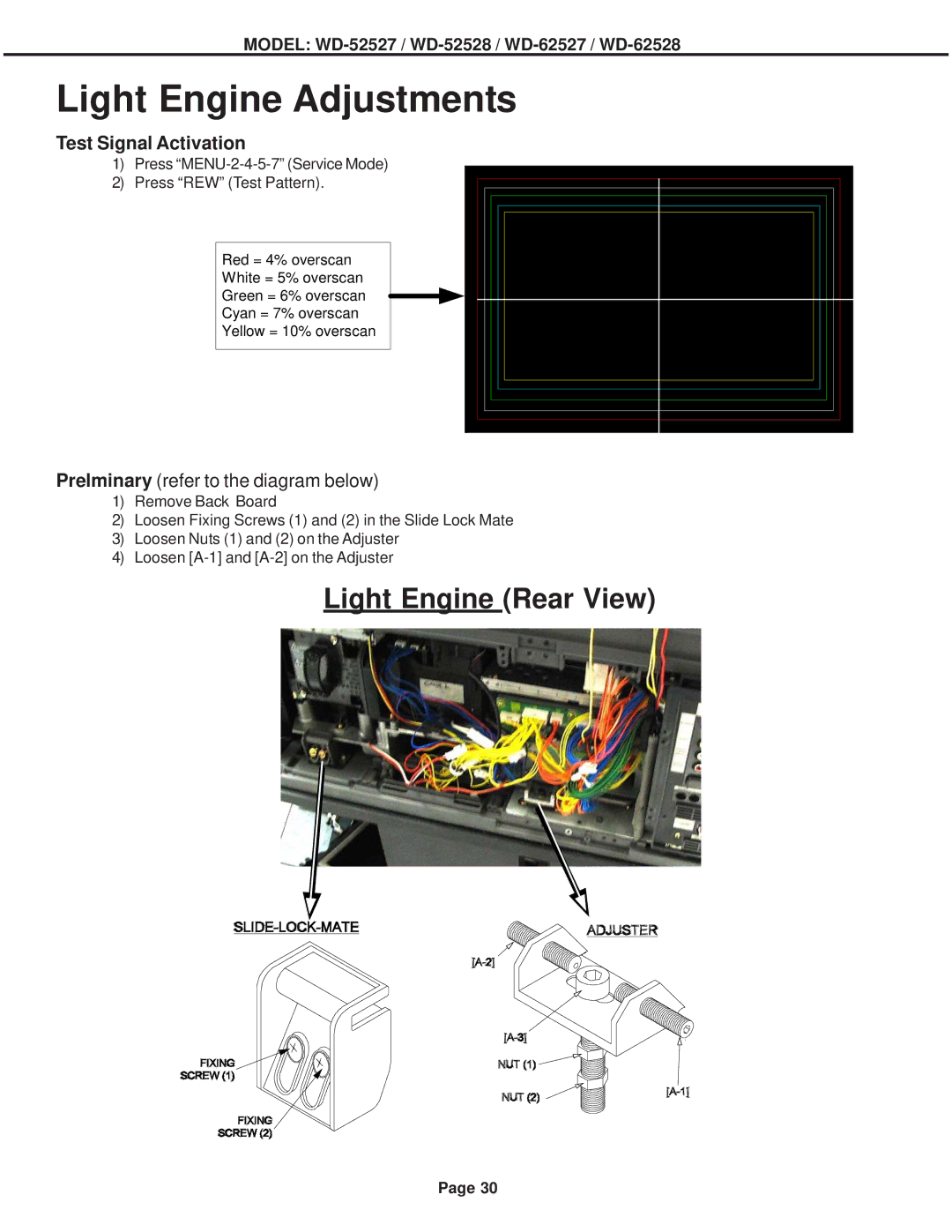 Mitsubishi Electronics WD-62527, WD-62528, WD-52528 specifications Light Engine Adjustments 