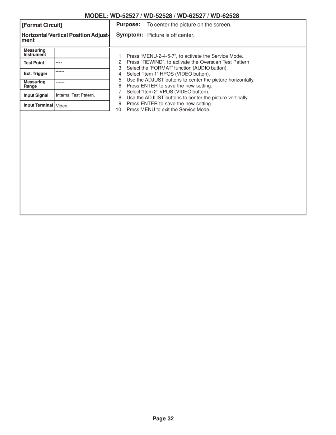 Mitsubishi Electronics WD-52528, WD-62527, WD-62528 specifications Format Circuit Horizontal/Vertical Position Adjust- ment 