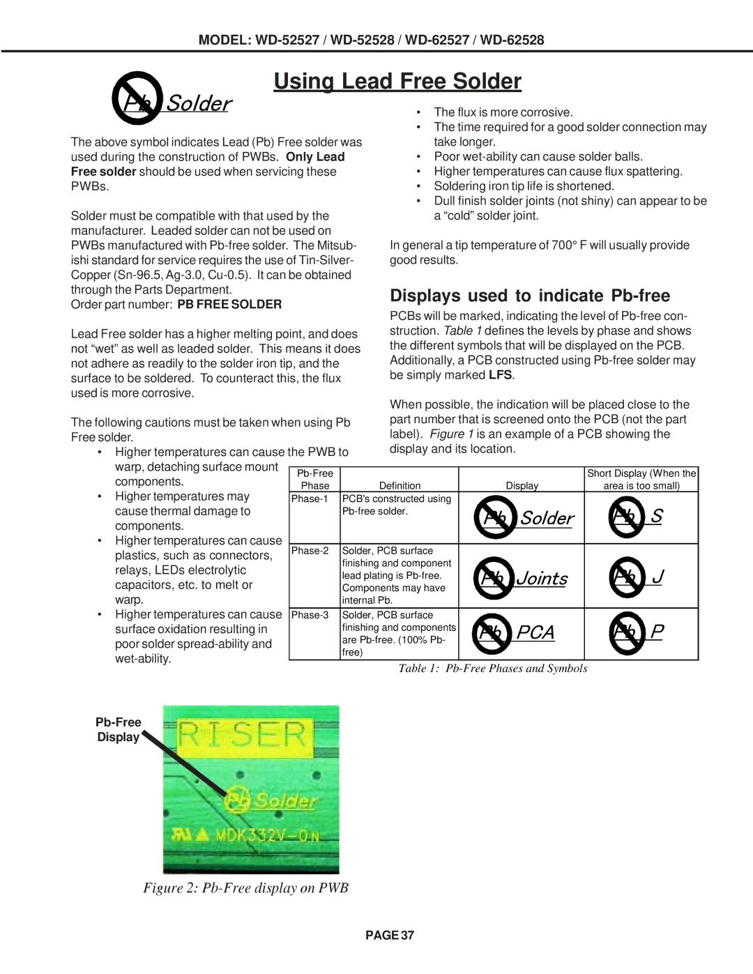 Mitsubishi Electronics WD-62528, WD-62527, WD-52528 specifications Pb Solder, Pb-Free Display 