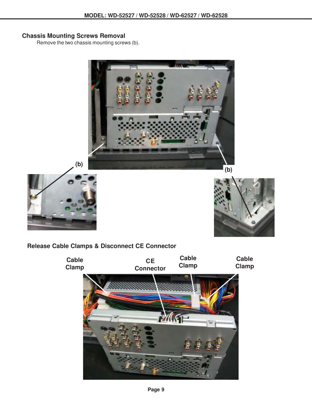 Mitsubishi Electronics WD-62527, WD-62528 Chassis Mounting Screws Removal, Release Cable Clamps & Disconnect CE Connector 