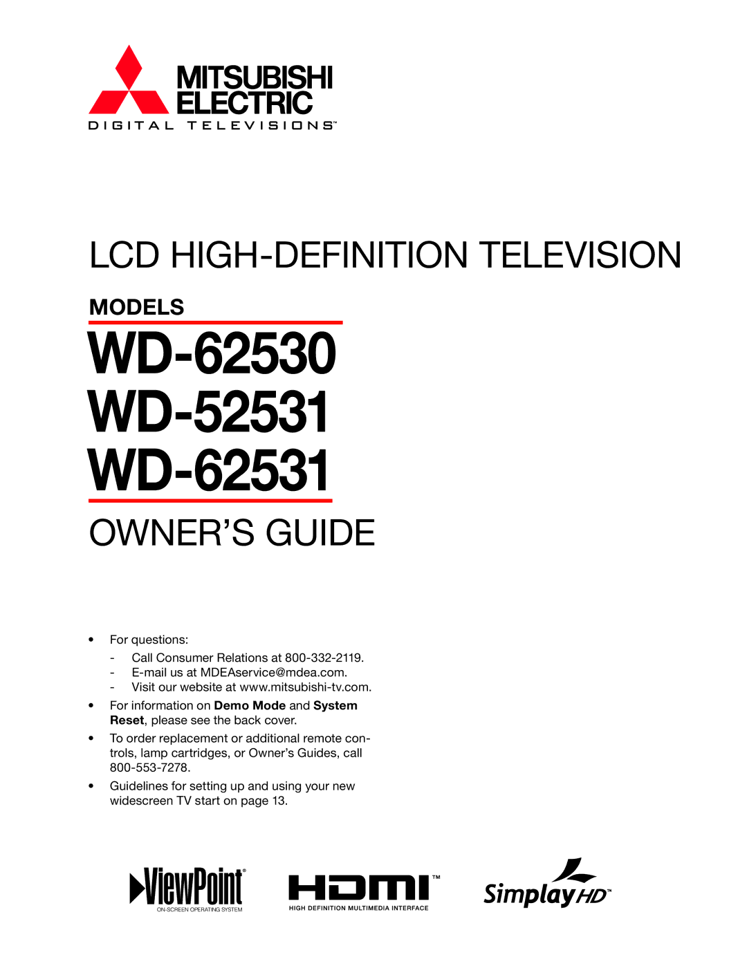 Mitsubishi Electronics manual WD-62530 WD-52531 WD-62531 