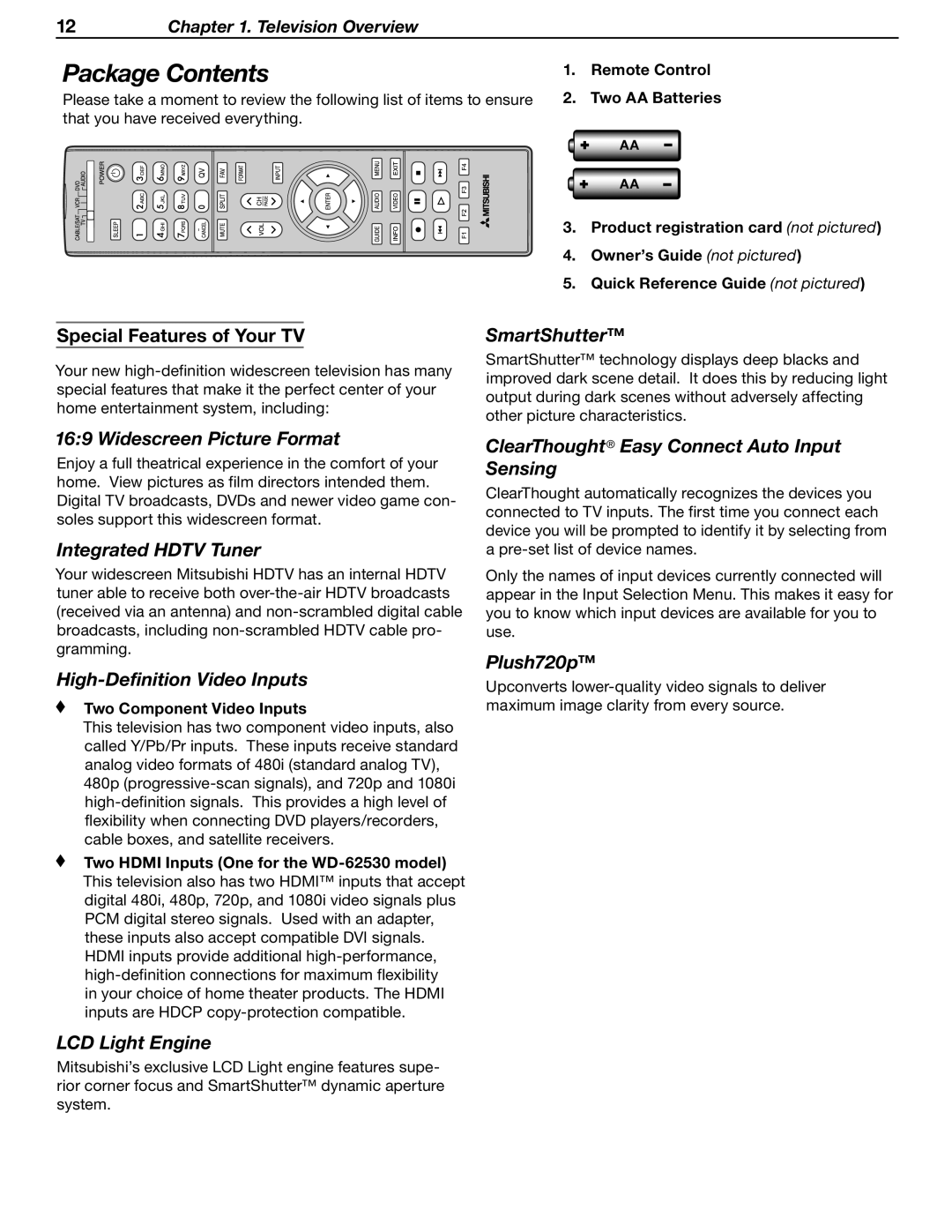 Mitsubishi Electronics WD-62530 manual Package Contents 