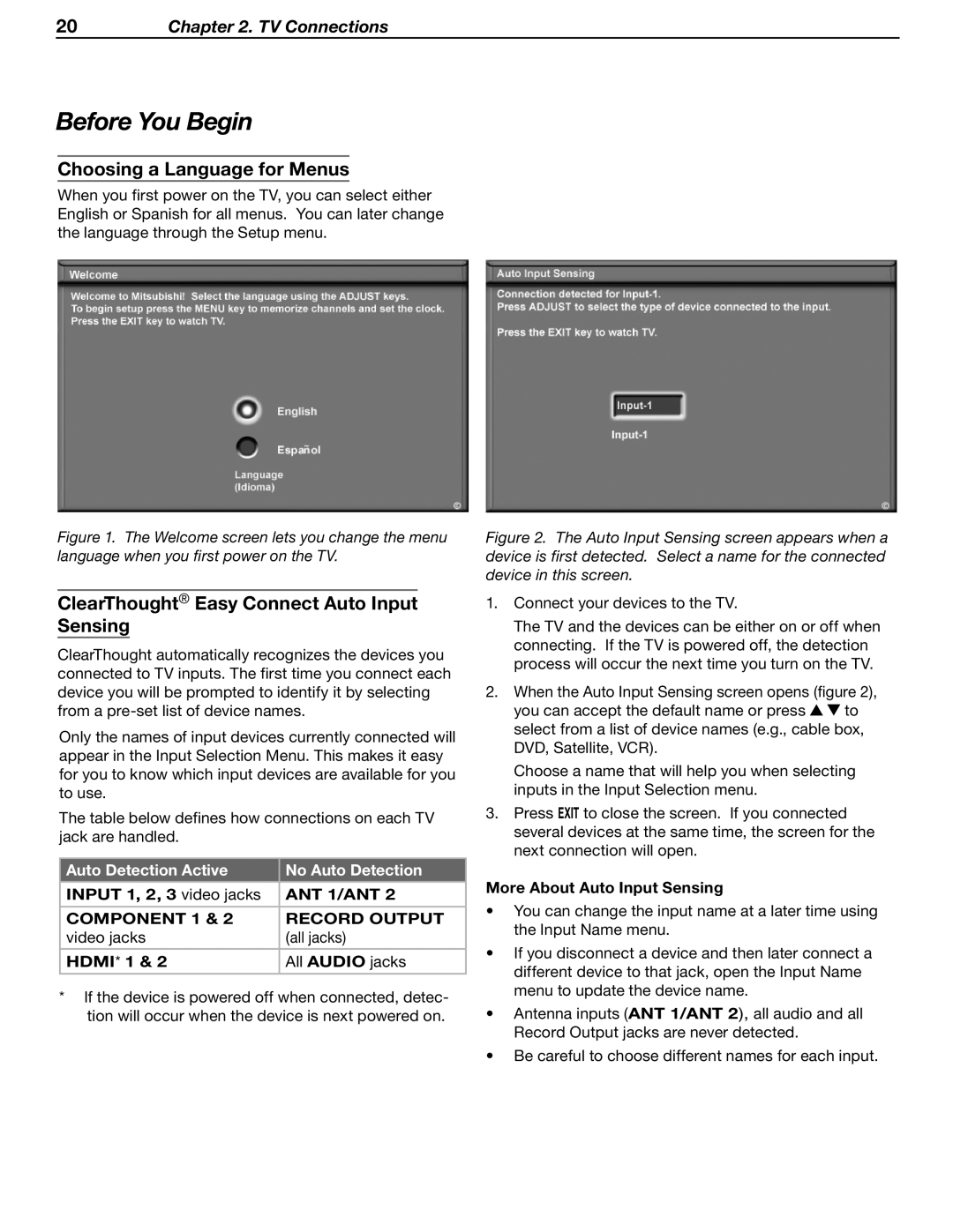 Mitsubishi Electronics WD-62530 Before You Begin, Choosing a Language for Menus, Auto Detection Active No Auto Detection 