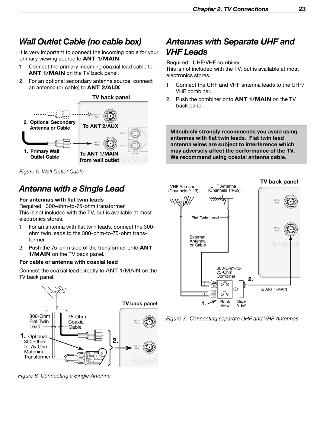 Mitsubishi Electronics WD-62530 manual Wall Outlet Cable no cable box, Antennas with Separate UHF and VHF Leads 