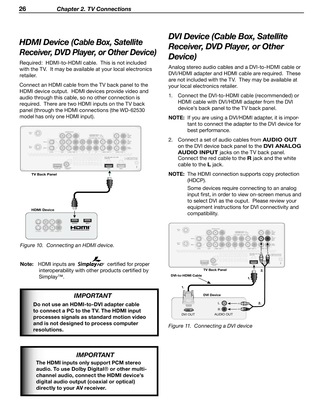 Mitsubishi Electronics WD-62530 manual Connecting an Hdmi device 