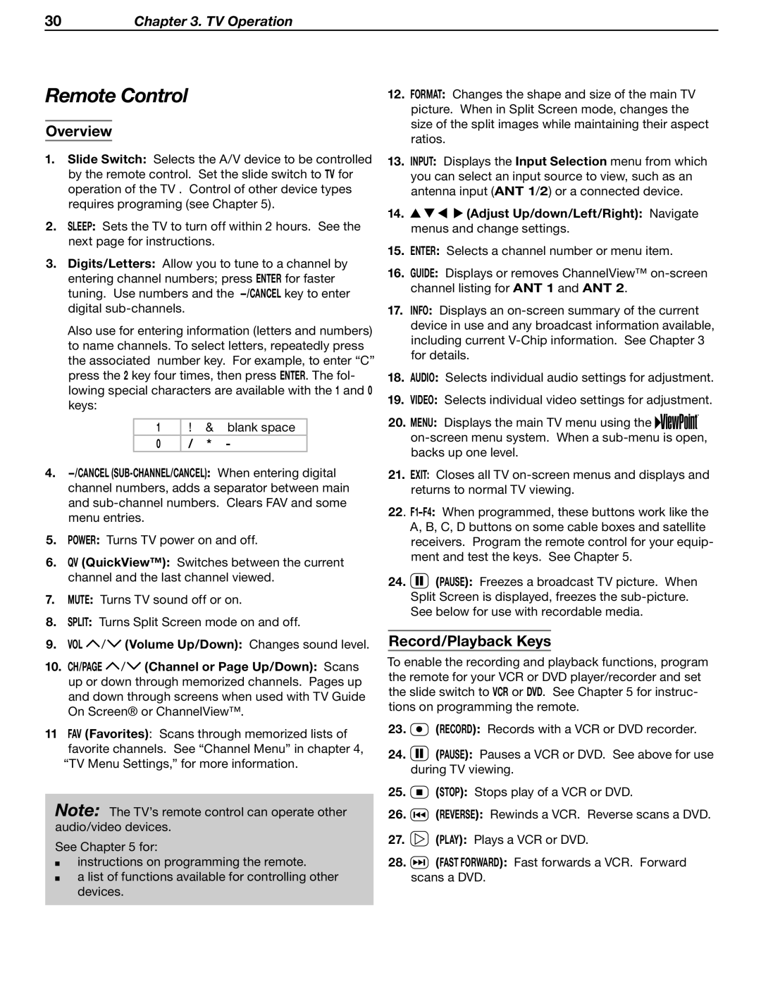 Mitsubishi Electronics WD-62530 manual Remote Control, Overview, Record/Playback Keys 