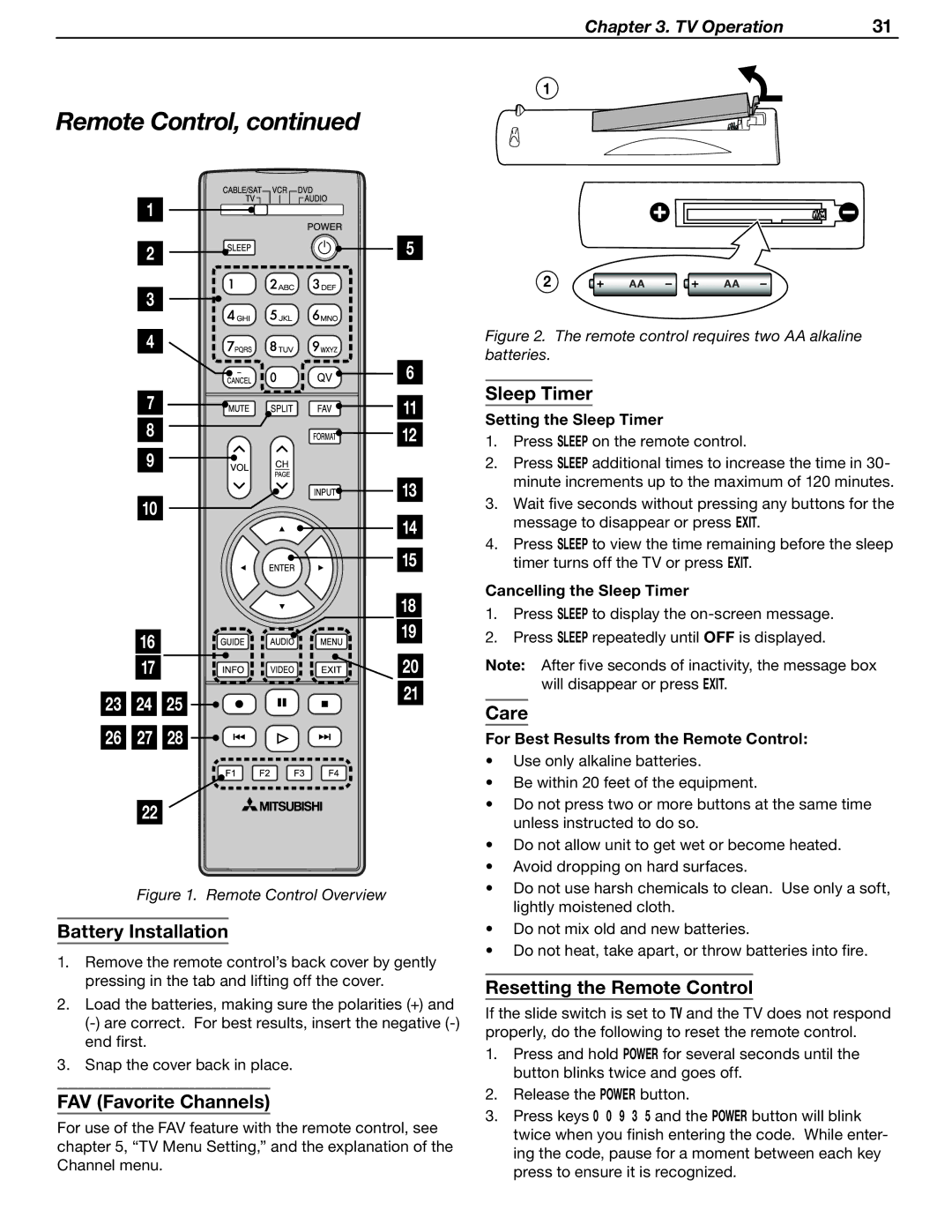 Mitsubishi Electronics WD-62530 manual Battery Installation, FAV Favorite Channels, Sleep Timer, Care 