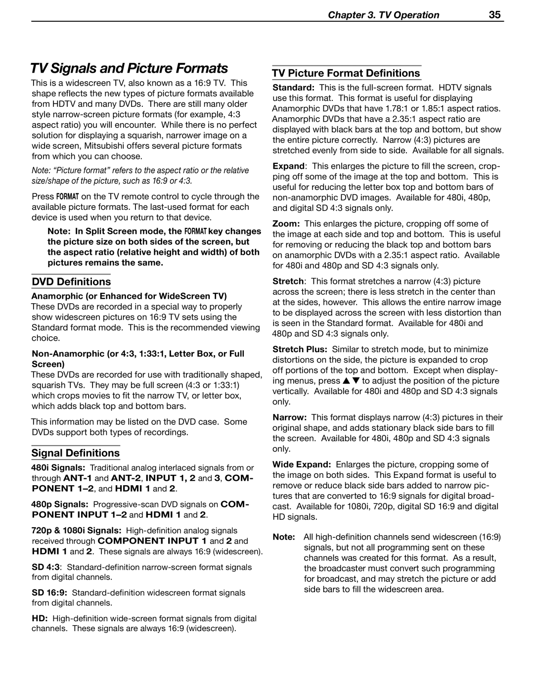 Mitsubishi Electronics WD-62530 manual TV Signals and Picture Formats, DVD Definitions, Signal Definitions 