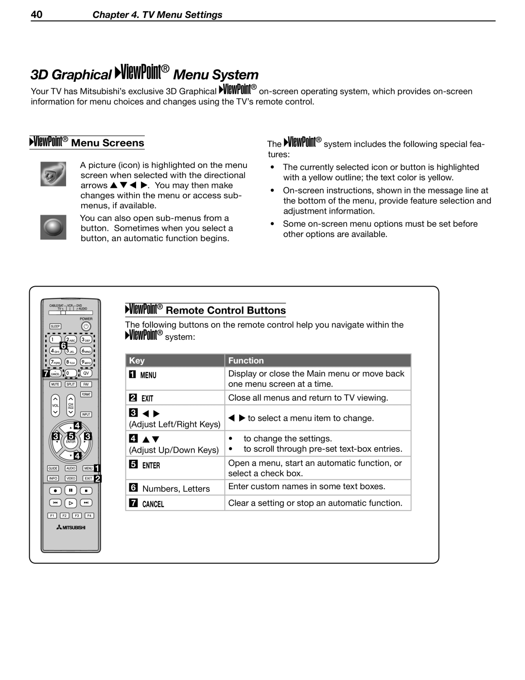 Mitsubishi Electronics WD-62530 manual 3D Graphical Menu System, Menu Screens, Remote Control Buttons, Key Function 