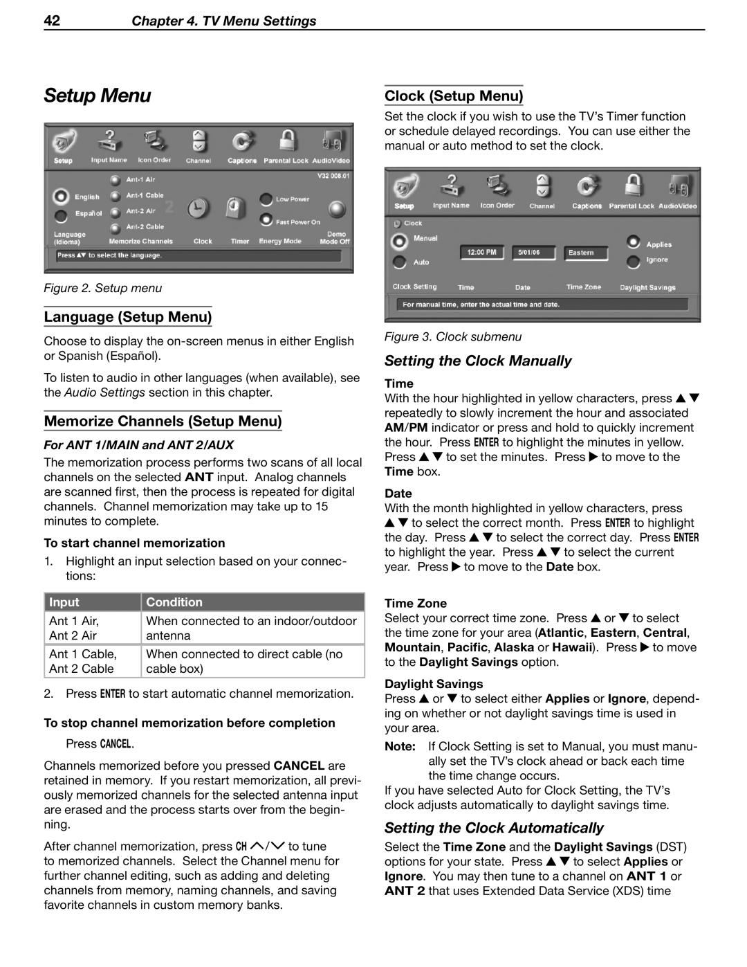 Mitsubishi Electronics WD-62530 manual Setup Menu, Setting the Clock Manually, Setting the Clock Automatically 