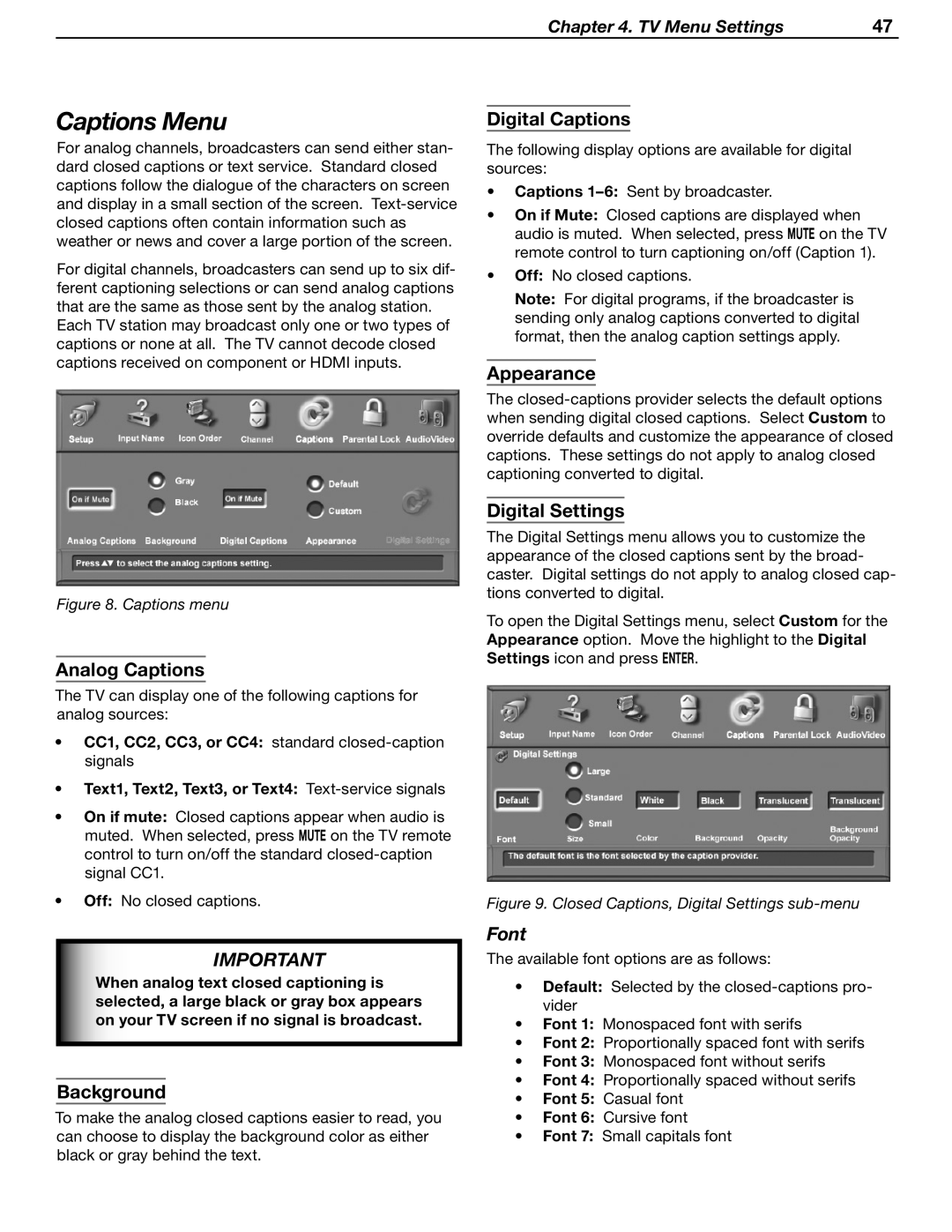 Mitsubishi Electronics WD-62530 manual Captions Menu, Font 