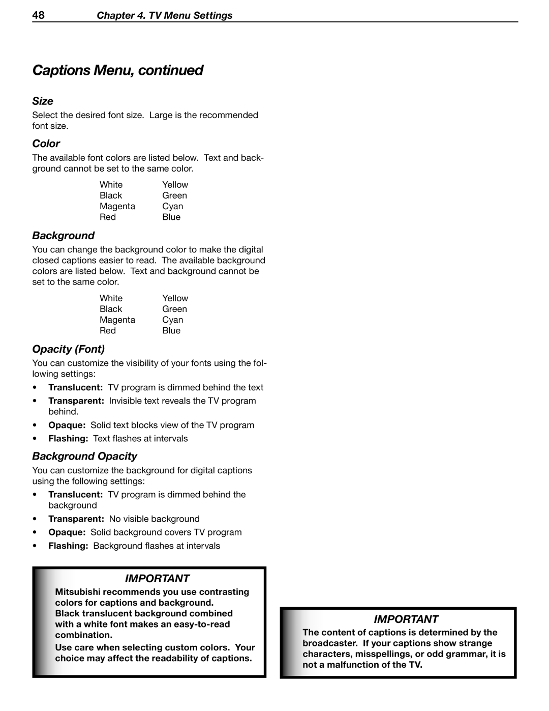 Mitsubishi Electronics WD-62530 manual Size, Color, Opacity Font, Background Opacity 