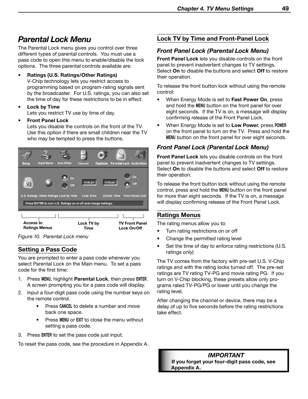 Mitsubishi Electronics WD-62530 manual Parental Lock Menu, Setting a Pass Code, Lock TV by Time and Front-Panel Lock 