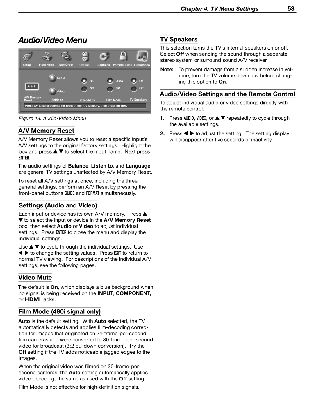 Mitsubishi Electronics WD-62530 manual Audio/Video Menu 