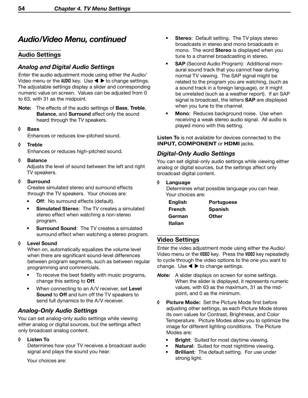 Mitsubishi Electronics WD-62530 Analog and Digital Audio Settings, Analog-Only Audio Settings, Digital-Only Audio Settings 