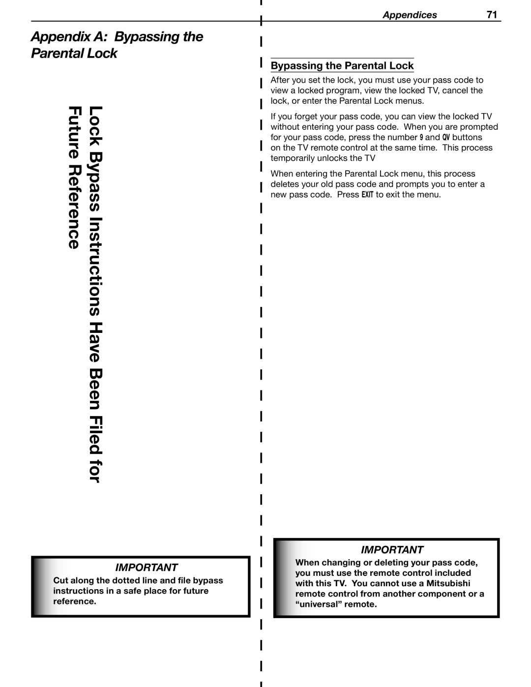 Mitsubishi Electronics WD-62530 manual Appendix a Bypassing the Parental Lock 