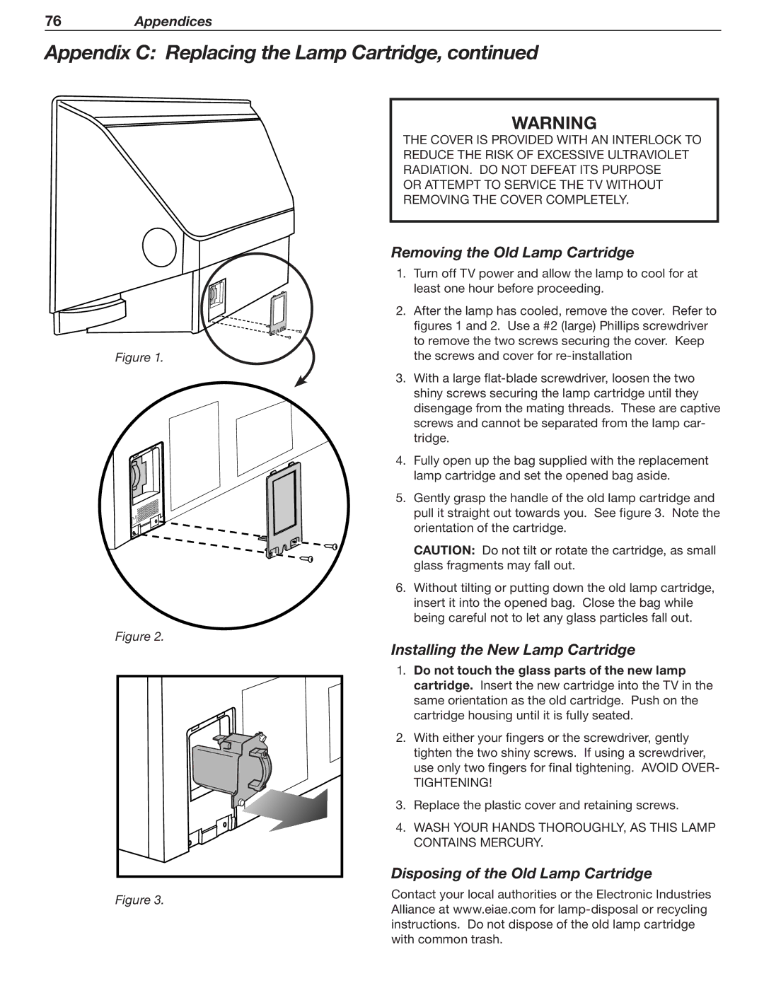 Mitsubishi Electronics WD-62530 manual Removing the Old Lamp Cartridge, Installing the New Lamp Cartridge 