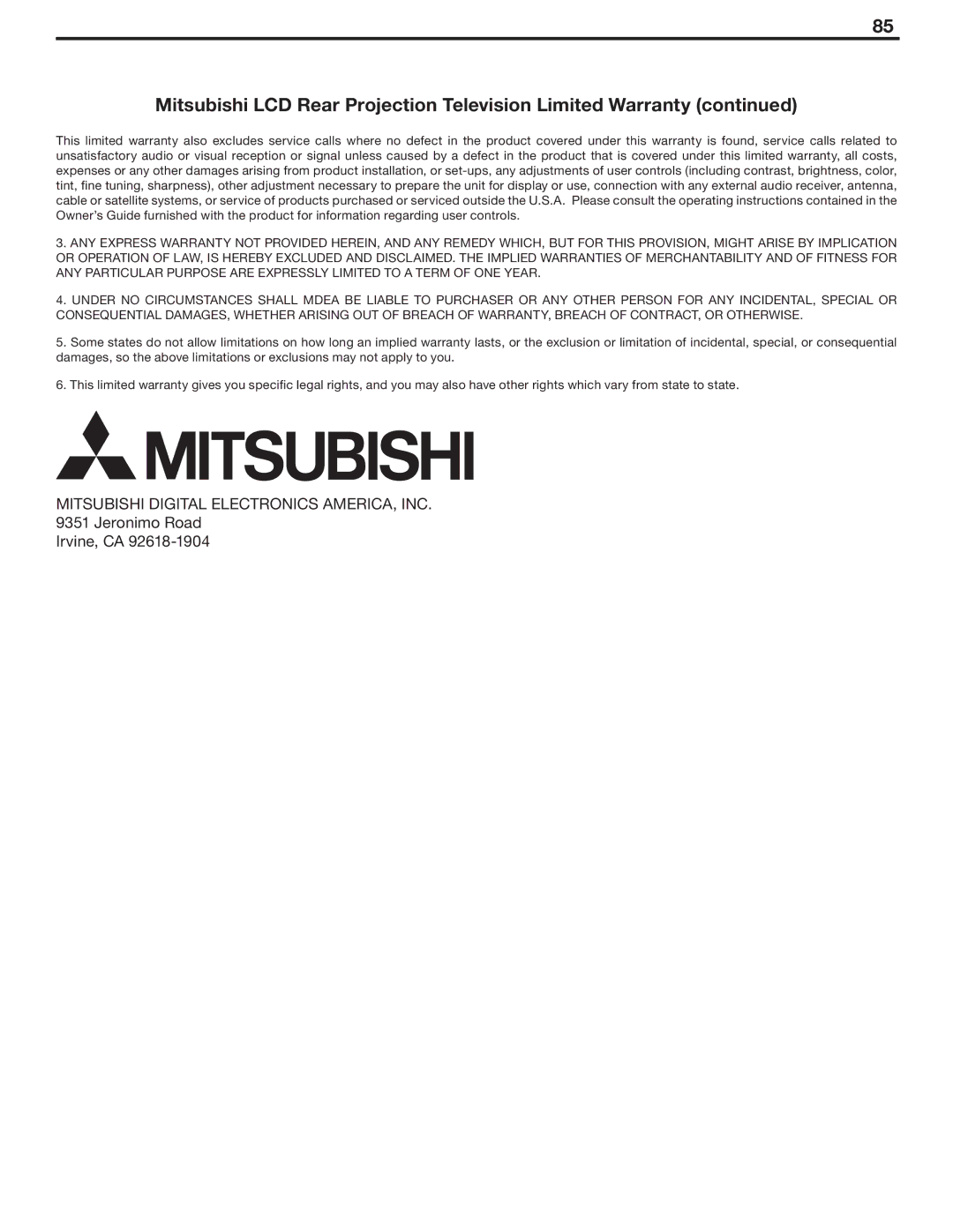 Mitsubishi Electronics WD-62530 manual Mitsubishi LCD Rear Projection Television Limited Warranty 