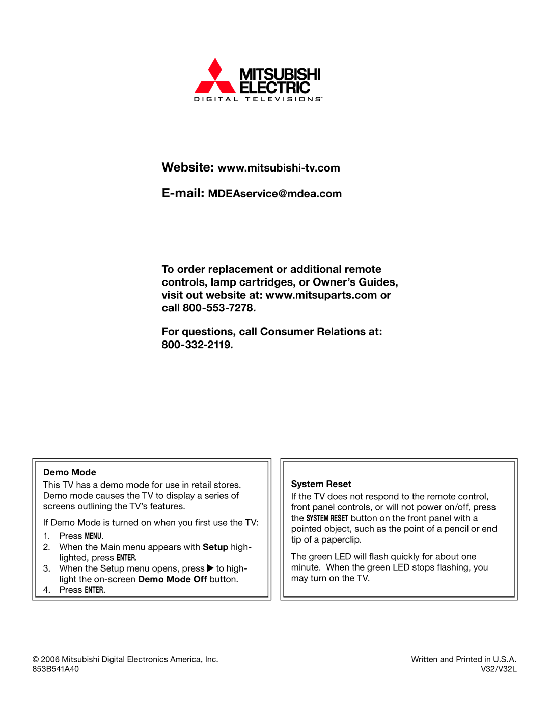 Mitsubishi Electronics WD-62530 manual Demo Mode, System Reset 