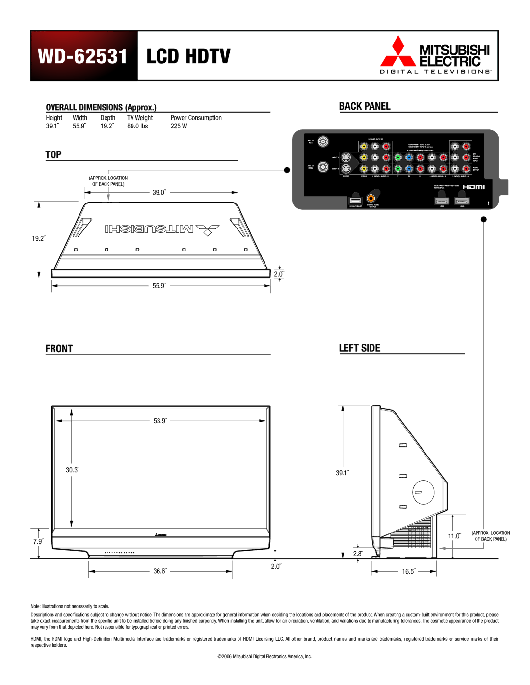 Mitsubishi Electronics dimensions WD-62531 LCD Hdtv, Back Panel, Top, Front Left Side 