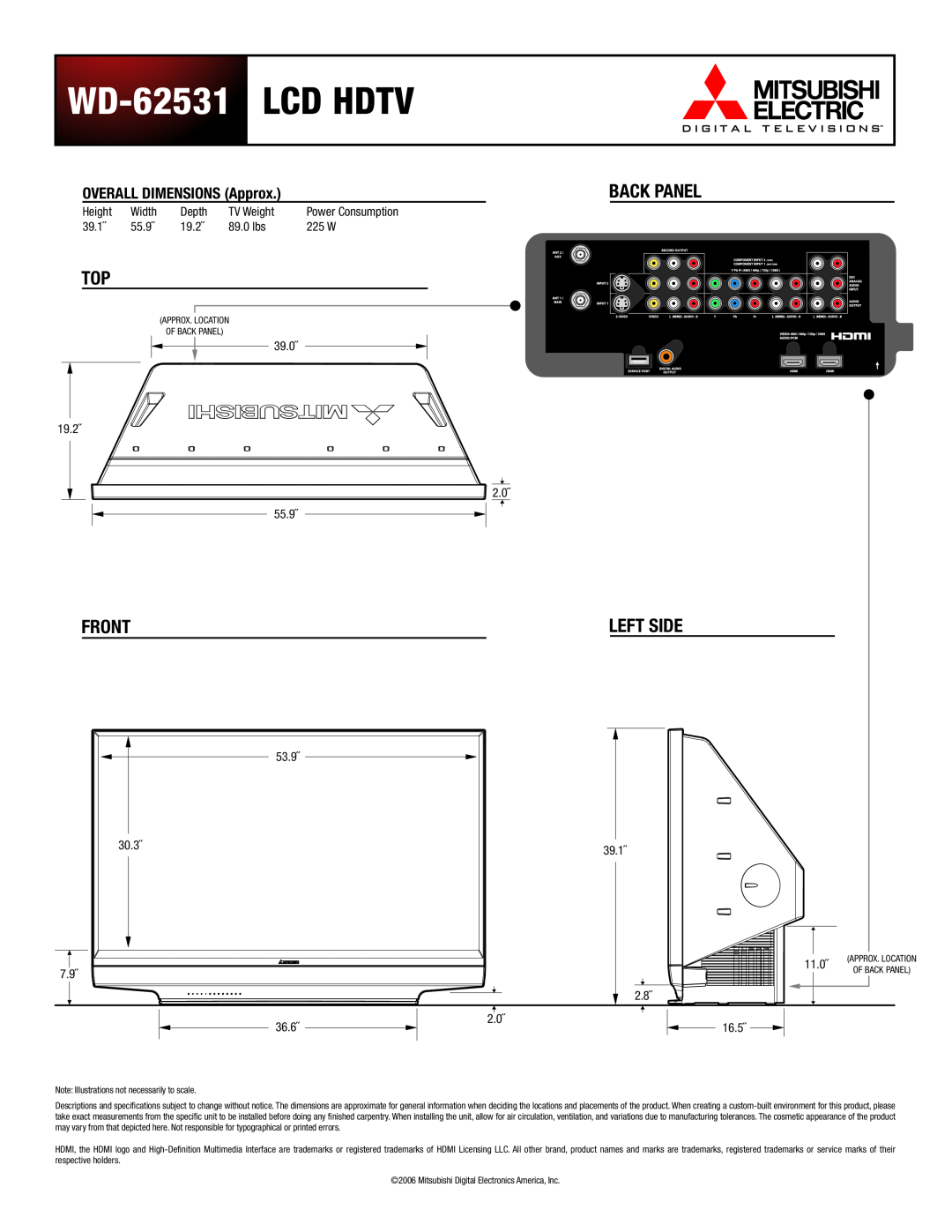 Mitsubishi Electronics dimensions WD-62531 LCD HDTV, Back Panel, Front, Left Side, OVERALL DIMENSIONS Approx 