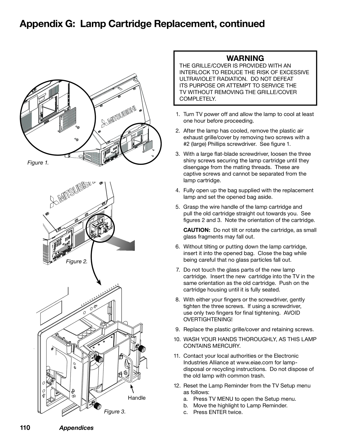 Mitsubishi Electronics WD-62827 manual Wash Your Hands THOROUGHLY, AS this Lamp Contains Mercury 