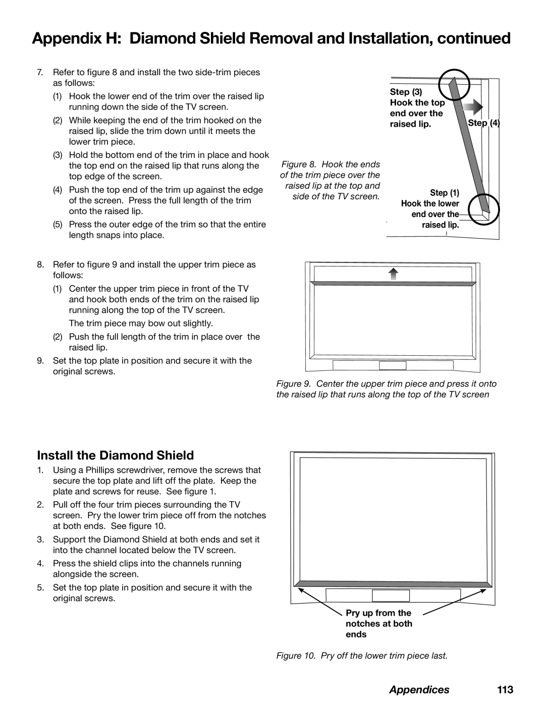 Mitsubishi Electronics WD-62827 manual Install the Diamond Shield, Step Hook the top End over Raised lip 