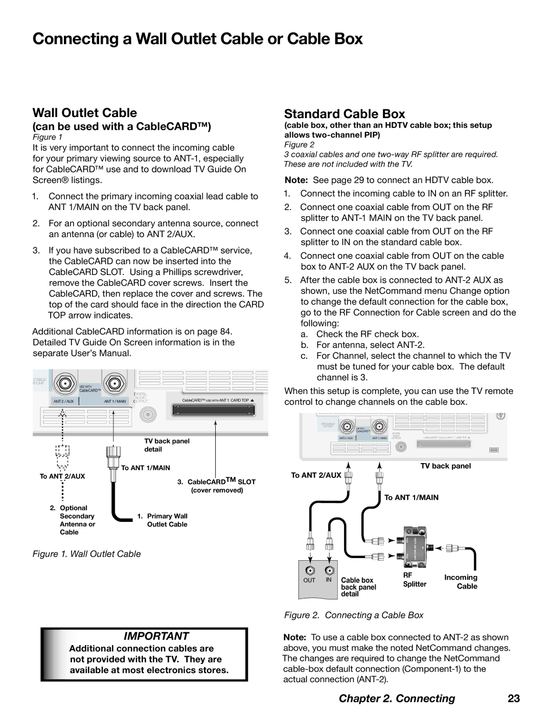 Mitsubishi Electronics WD-62827 manual Connecting a Wall Outlet Cable or Cable Box, Standard Cable Box 