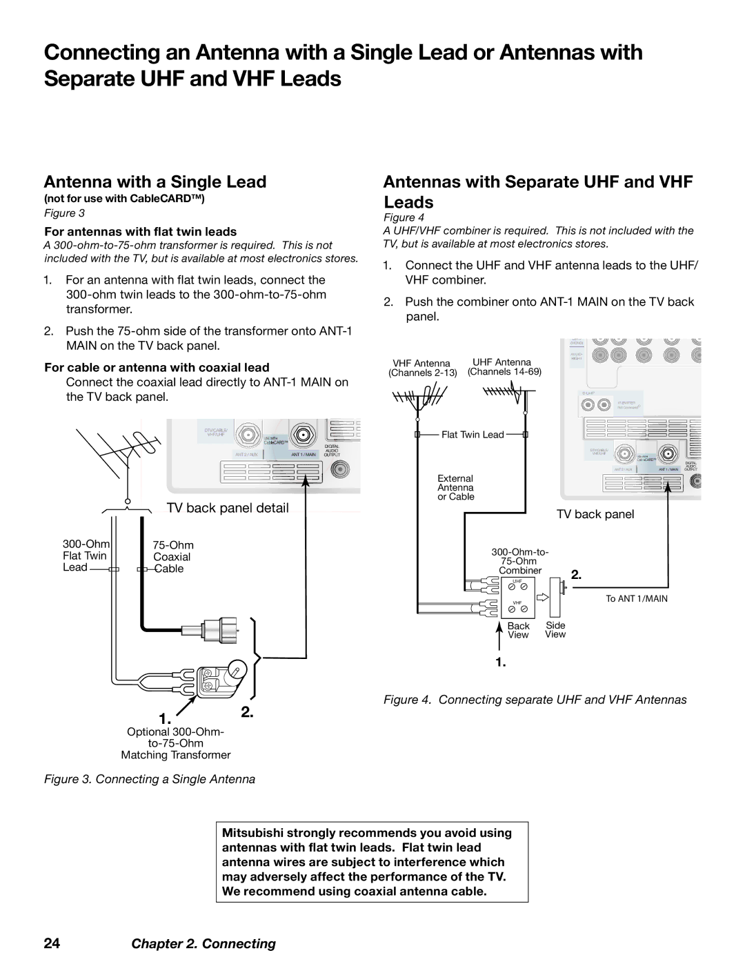 Mitsubishi Electronics WD-62827 manual Antenna with a Single Lead, Antennas with Separate UHF and VHF Leads 