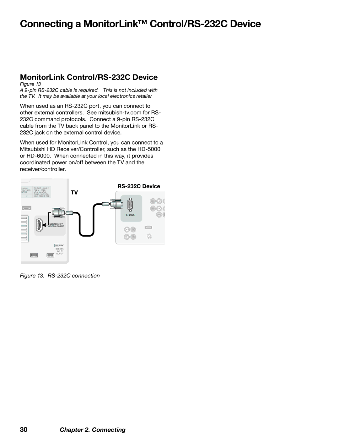 Mitsubishi Electronics WD-62827 manual Connecting a MonitorLink Control/RS-232C Device 