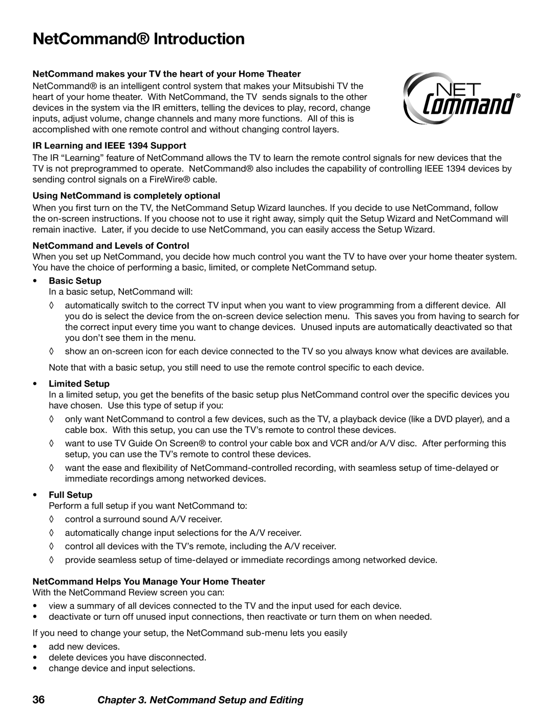 Mitsubishi Electronics WD-62827 manual NetCommand Introduction 