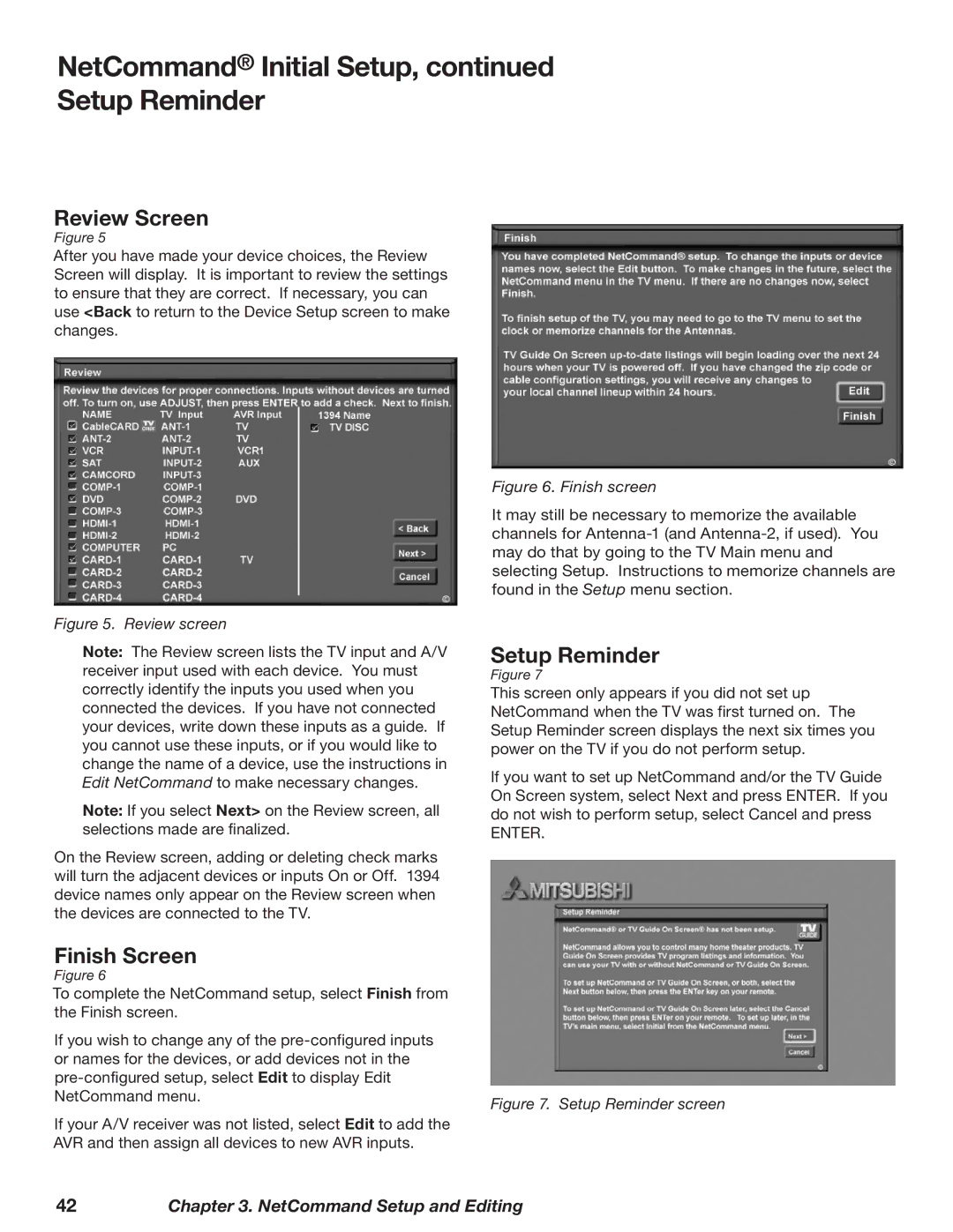 Mitsubishi Electronics WD-62827 manual NetCommand Initial Setup, Setup Reminder, Review Screen, Finish Screen 