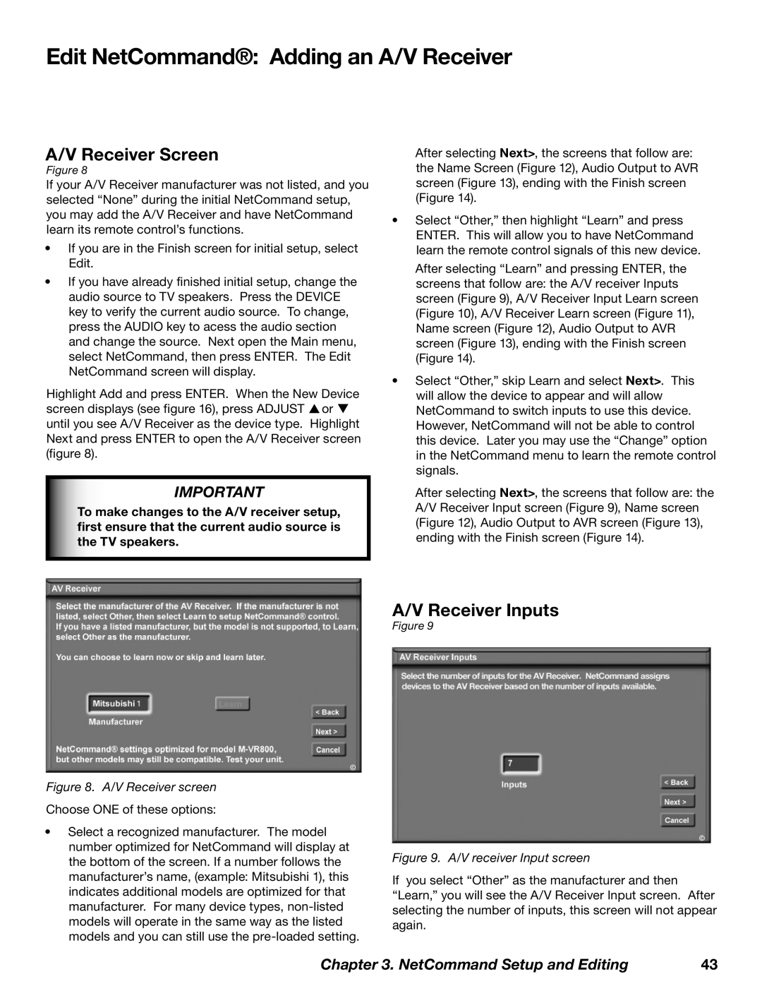 Mitsubishi Electronics WD-62827 manual Edit NetCommand Adding an A/V Receiver, Receiver Screen, Receiver Inputs 