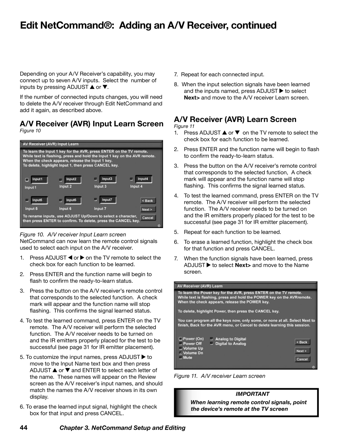 Mitsubishi Electronics WD-62827 manual Receiver AVR Input Learn Screen, Receiver AVR Learn Screen 