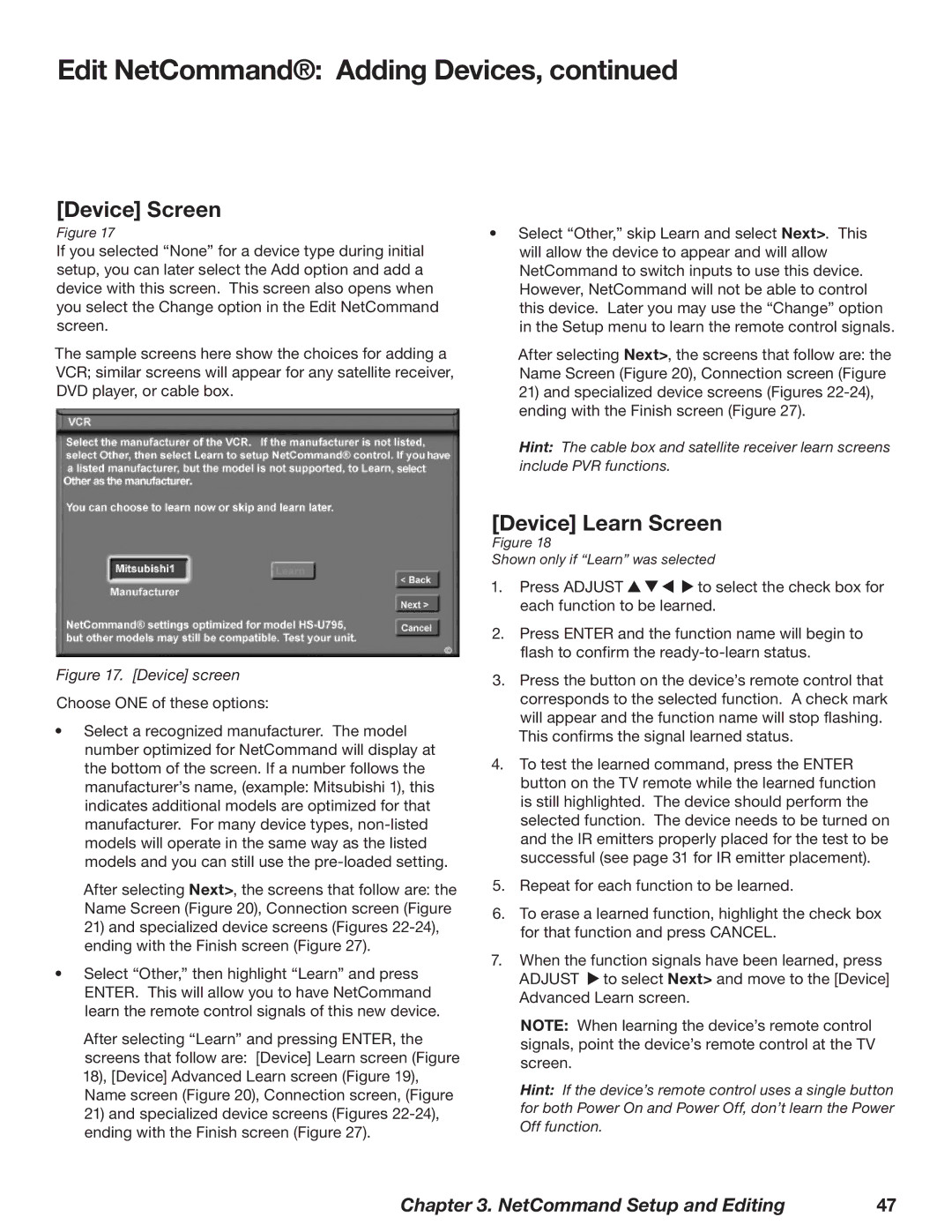 Mitsubishi Electronics WD-62827 manual Device Screen, Device Learn Screen 